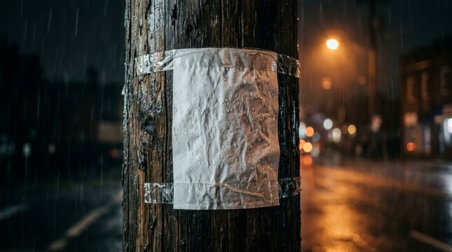 Blank White Paper Mockup Taped to a Wooden Pole on a Rainy Night in the City