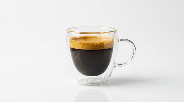 Double Walled Glass Mug of Fresh Espresso with Crema Isolated on White Background