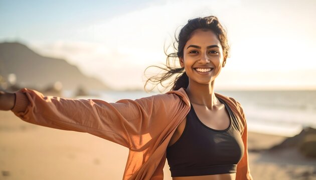 Mujer joven sonriendo en la playa con ropa deportiva al atardecer en escena de bienestar y vida activa