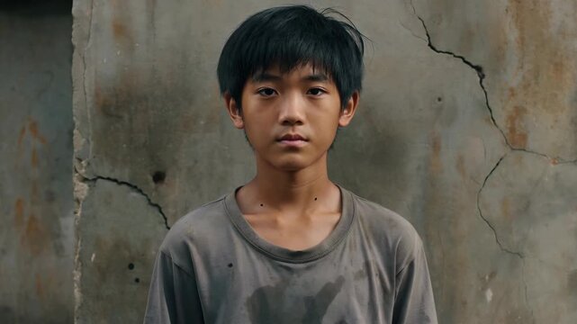Gray boy looks directly into the camera against the wall. Close-up of a rural boy's face
