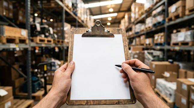 Hands holding blank clipboard with pen in warehouse for inventory management