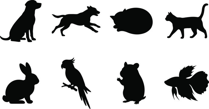 Black silhouette set of common domestic pets including dogs, cats, rabbit, parrot, hamster, and fish