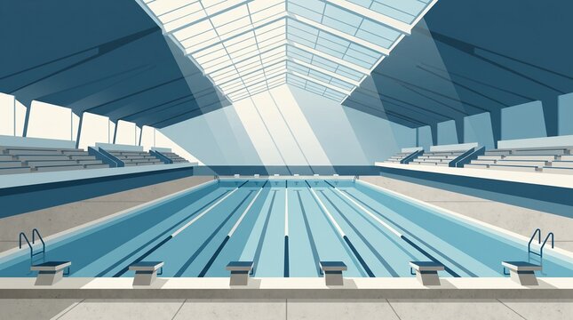 Cinematic wide-angle illustration of an empty indoor swimming pool with lanes and skylight