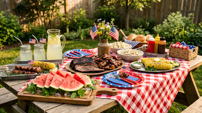 Festive out door table setting with grilled food corn on the cob watermelon slices
