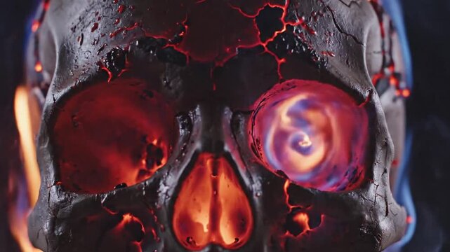 Human skull engulfed in bright fire with glowing cracked texture overlay
