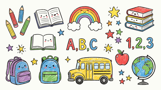 Colorful doodle set featuring cute school supplies like books, pencils, a yellow bus, a rainbow, and academic learning icons