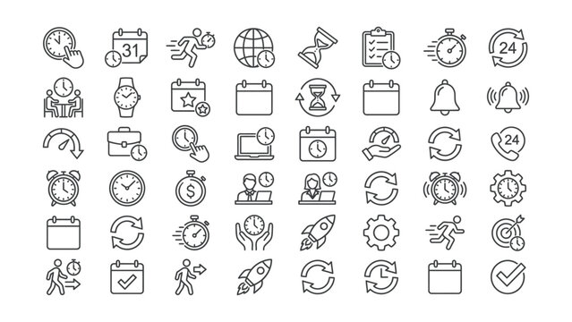 Modern collection of time management and business productivity line icons set for scheduling deadlines and workflow efficiency in web design