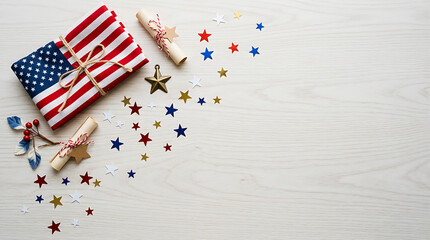 Obraz premium Patriotic wrapped gift and rolled notes on wood texture with patriotic celebration independence background memorial anniversary decoration american unitedstates giftgiving