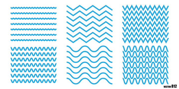 Set of bright blue wavy and zig zag lines for graphic design elements