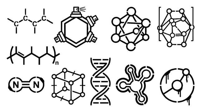 Collection of scientific chemical molecular structures and DNA helix icons in black line art style.