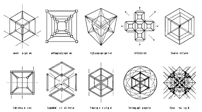 Collection of Sacred Geometry Diagrams and Mathematical Cube Projections in Black and White.