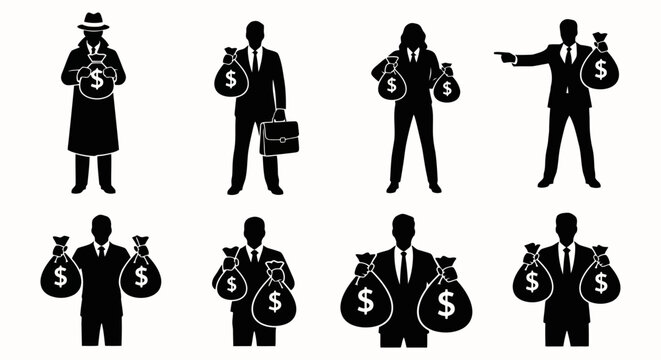 Business People Silhouettes Holding Money Bags With Dollar Signs Set.