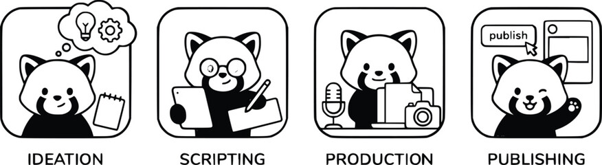 Cute panda bear cartoon characters illustrating content creation process steps © AFSONA