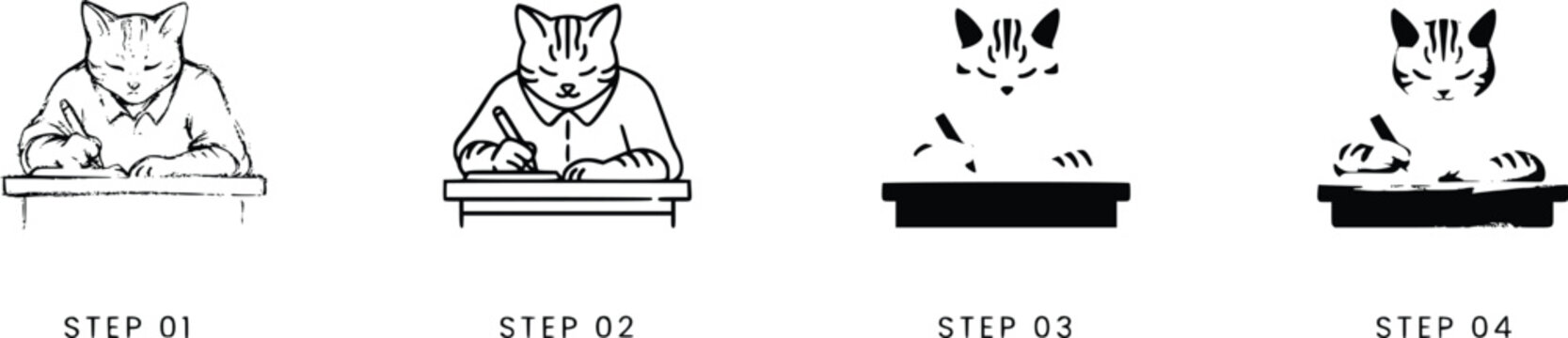 A cat sitting at a desk in four different drawing steps