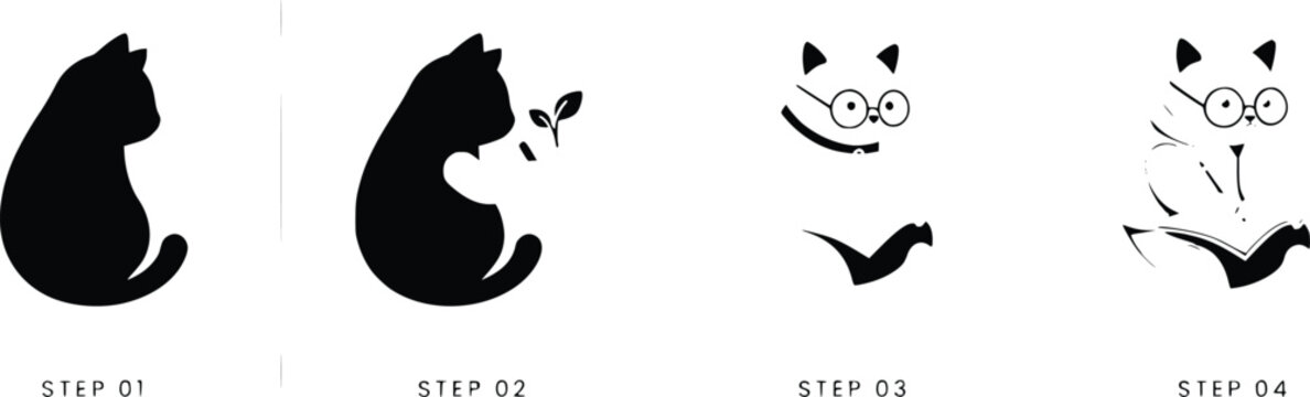 Step by step process of drawing a cute cartoon cat reading book