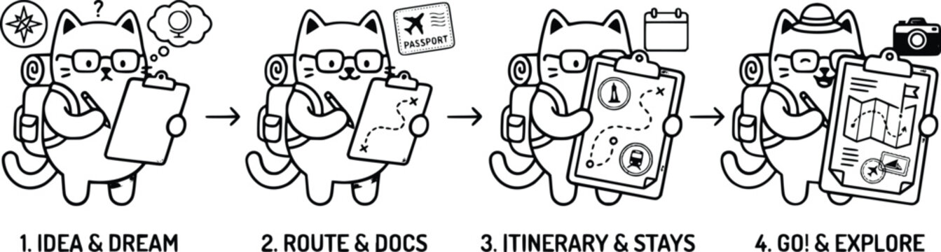 Cartoon cat planning a trip with thought process and travel documents and map