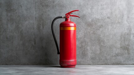 Fototapeta premium Fire extinguisher sits against a grey backdrop.