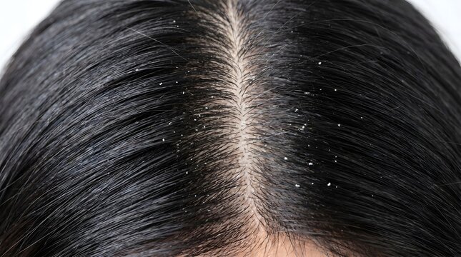 Dark hair dandruff scalp condition close up showing white dry skin flakes