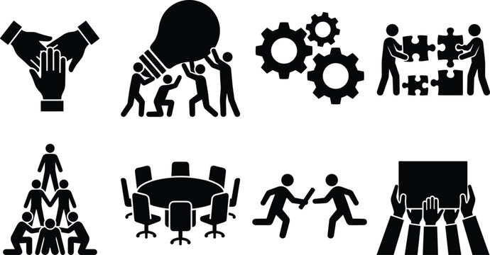 Black silhouette teamwork and collaboration icon set with brainstorming, meeting, and problem-solving symbols