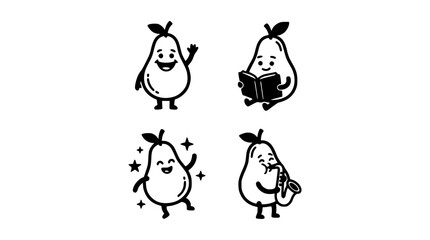 Fototapeta premium Pears with Faces Performing Various Activities in a 2x2 Grid Featuring Pear, Anthropomorphic, Illustration with Cartoon