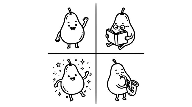 Pears with Human Features Engaging in Various Activities in a 2x2 Grid Illustration Featuring Pear, Anthropomorphic, Cartoon