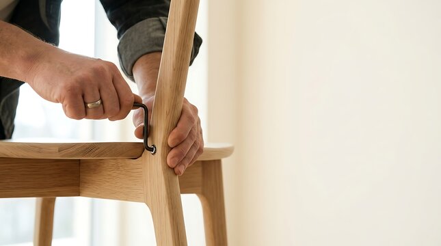 Man assembling a wooden chair using a hex key tool