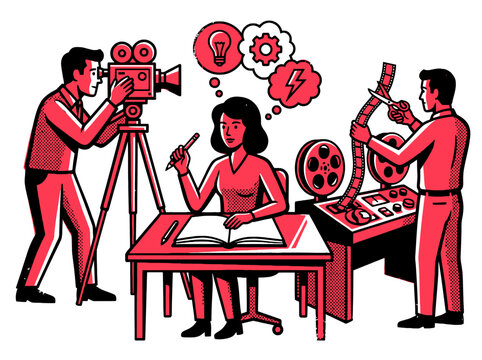 Vintage style illustration of a team producing a film