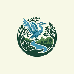 Fototapeta premium Circular emblem featuring a blue heron and a winding river