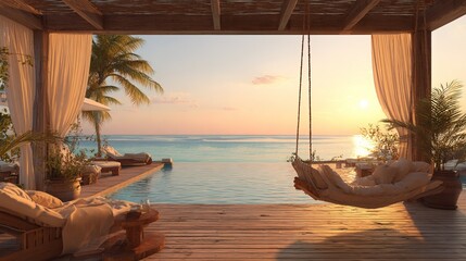 Fototapeta premium Wooden desk with open space, ocean beach landscape, palm trees and sunny blue sky view, tropical summer background