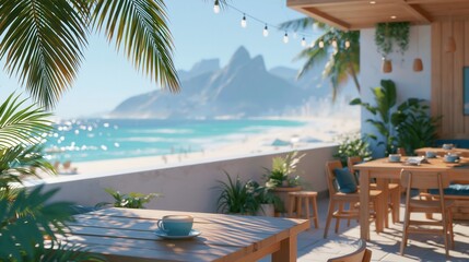 Obraz premium Cozy beachside cafe terrace with palm trees and ocean mountain view on a sunny day