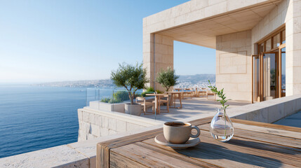 Obraz premium Sun-drenched coastal cafe terrace with sea view and coffee cup on wooden table
