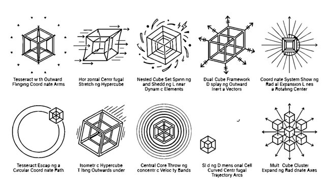 Collection of technical geometric cube diagrams showing mathematical coordinate systems and spatial dimensions.