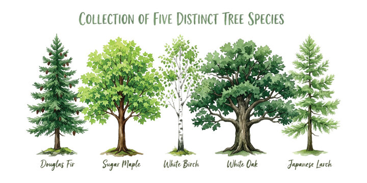 Collection of five distinct tree species including douglas fir sugar maple white birch and oak