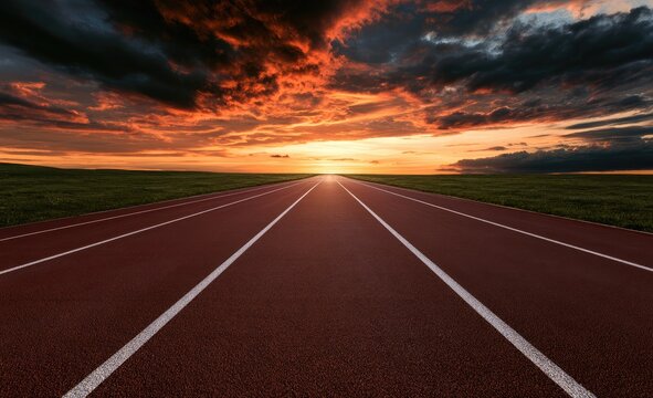 Red track stretching to fiery sunset horizon, dramatic clouds, green fields