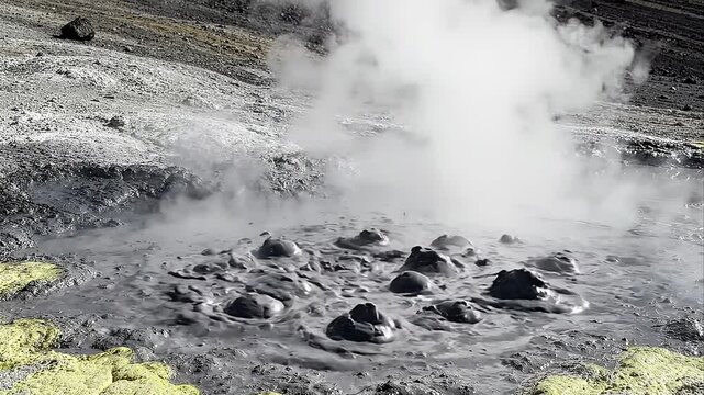 Bubbling Geothermal Mud Pot with Steam in Volcanic Area