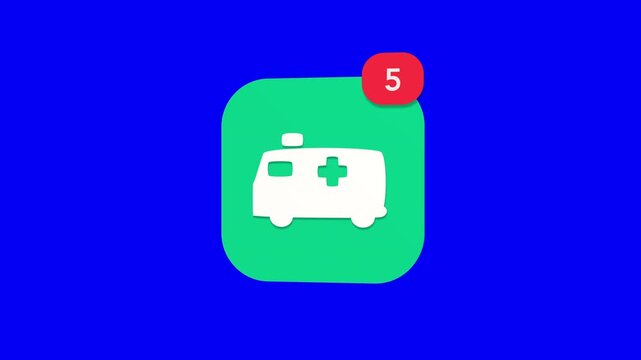 A 3D emergency ambulance rescue transport vehicle notification icon popping up and rotating on a blue screen chroma key background with a red number counter animation.