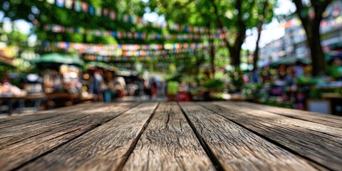 Fototapeta premium A rustic wooden table in the foreground overlooks a lively, blurred outdoor market