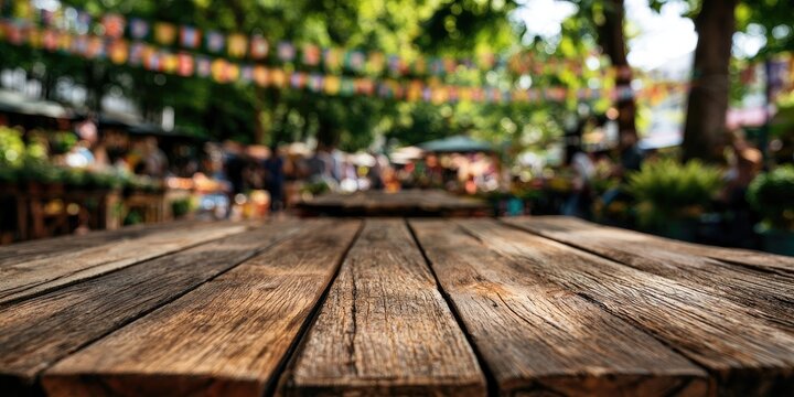 Rustic wooden table in foreground, blurred outdoor market with colorful flags