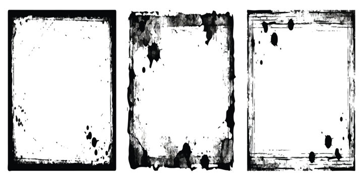 Three black grunge frames with ink splatters and vintage distressed borders for photo design
