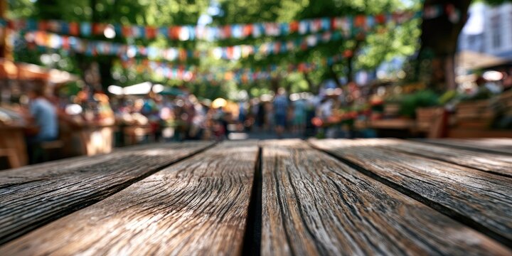 Close-up of textured wooden table in sunlit outdoor market with colorful flags