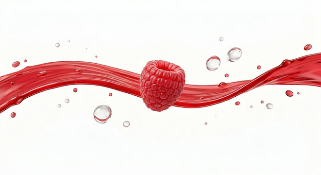 Distant shot of a raspberry with elegant horizontal red juice stream behind it