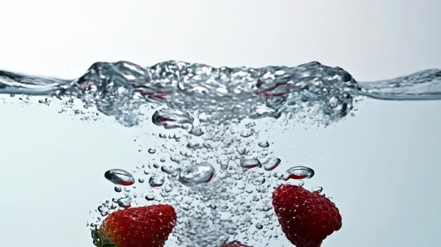High-speed capture of fresh red raspberries and a strawberry falling into clear water, creating a splash with bubbles and ripples against a white studio background.