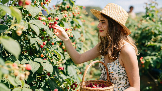 Gl&uuml;ckliche Frau pfl&uuml;ckt frische Himbeeren an einem sonnigen Sommertag