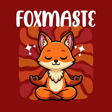Cartoon Fox Meditates Calmly Sitting.