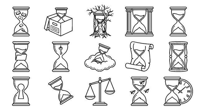 Collection of hourglass and time management icons in black and white line art style.