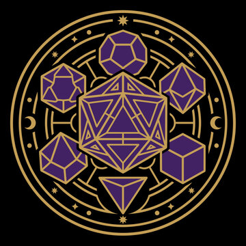 Golden mystical circle with purple polyhedral gaming dice