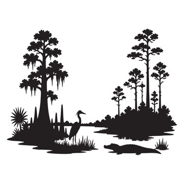 Black silhouette of a swamp landscape with trees and wild animals