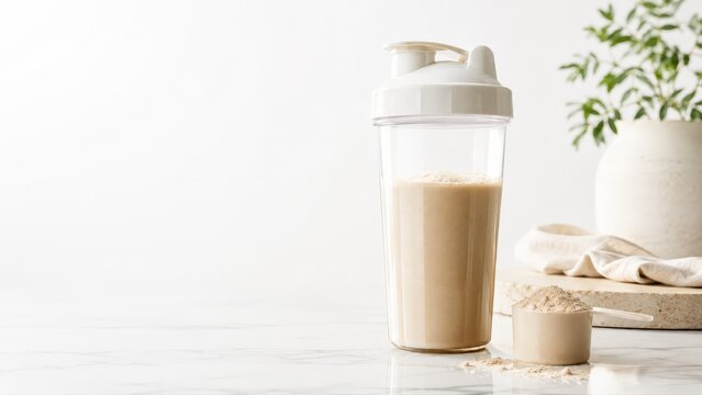 Protein Shake in Shaker Bottle with Powder Scoop on White Background