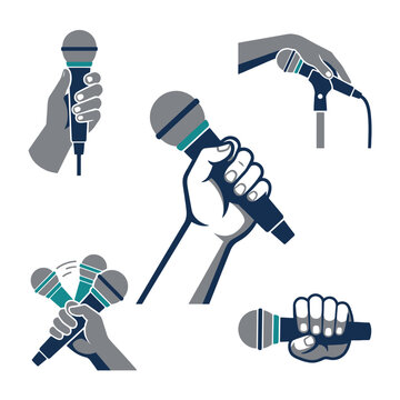 Vector illustrations of hands holding microphones on white
