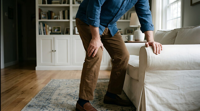 Man struggling with chronic knee joint pain while attempting to stand up from a white couch in a living room interior